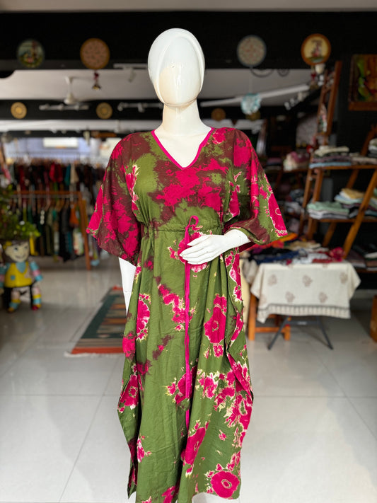 Hand block printed cotton long kaftan nighty