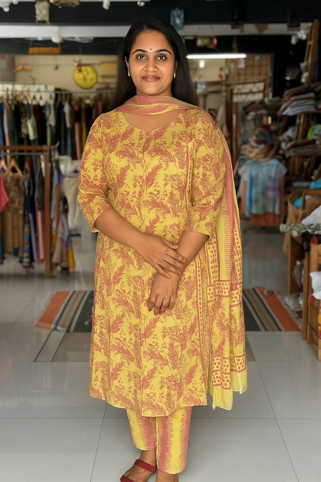 Yellow and pink leaf pattern soft batik cotton A-line kurta, dupatta and pants -  3 piece suit set