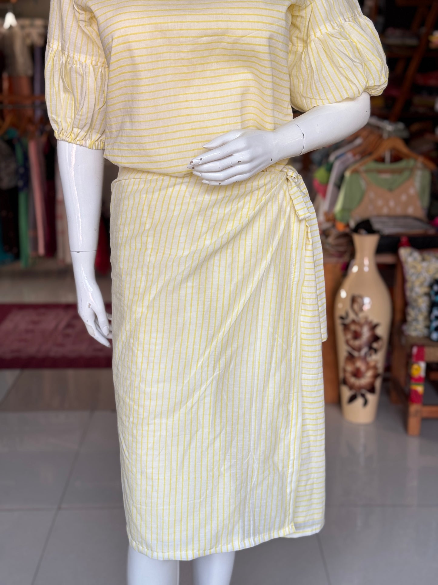 Off white and yellow stripes hand block printed soft cotton dress with skirt look flap