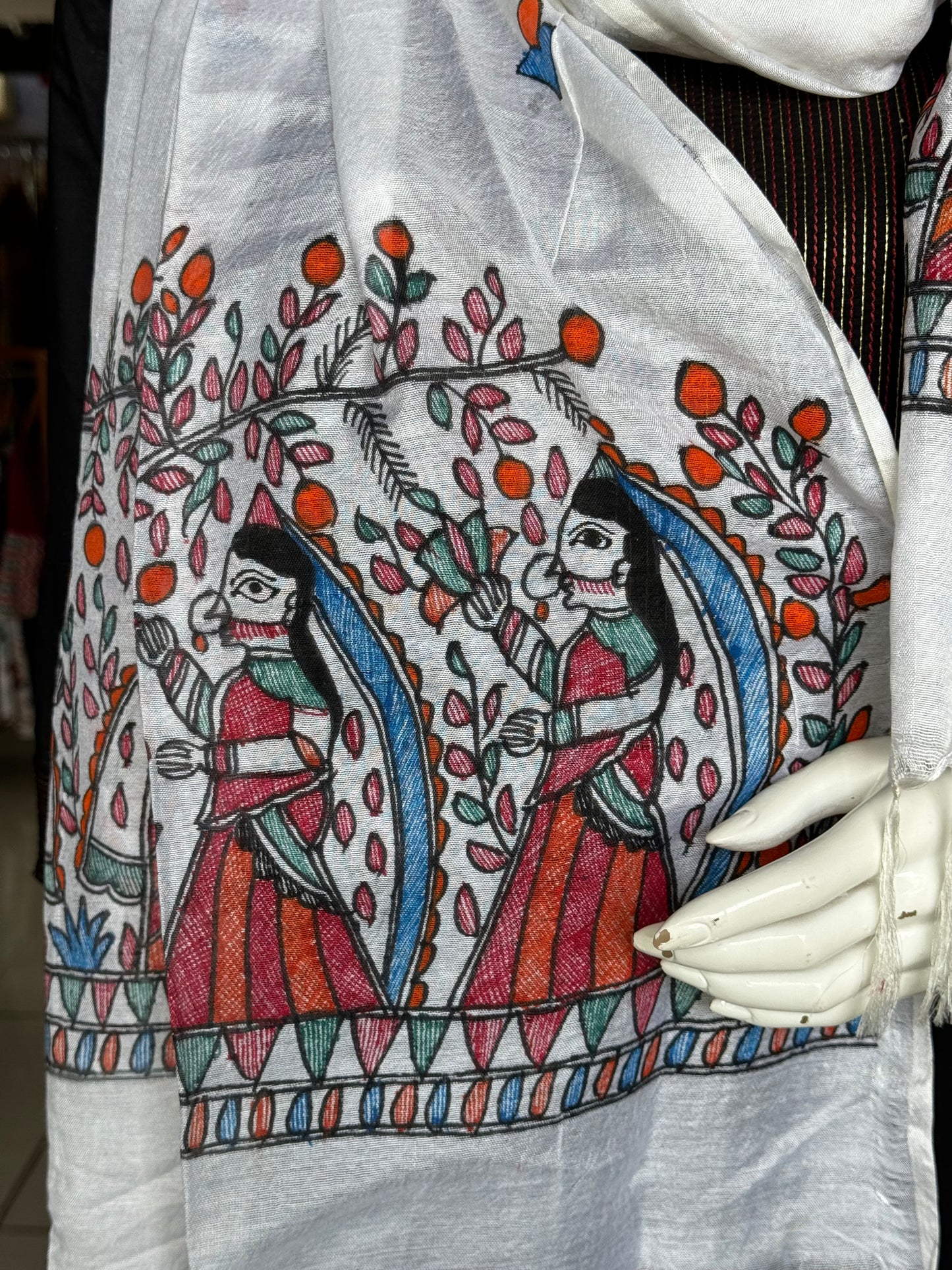 White Madhubani hand painted stole with colorful art work