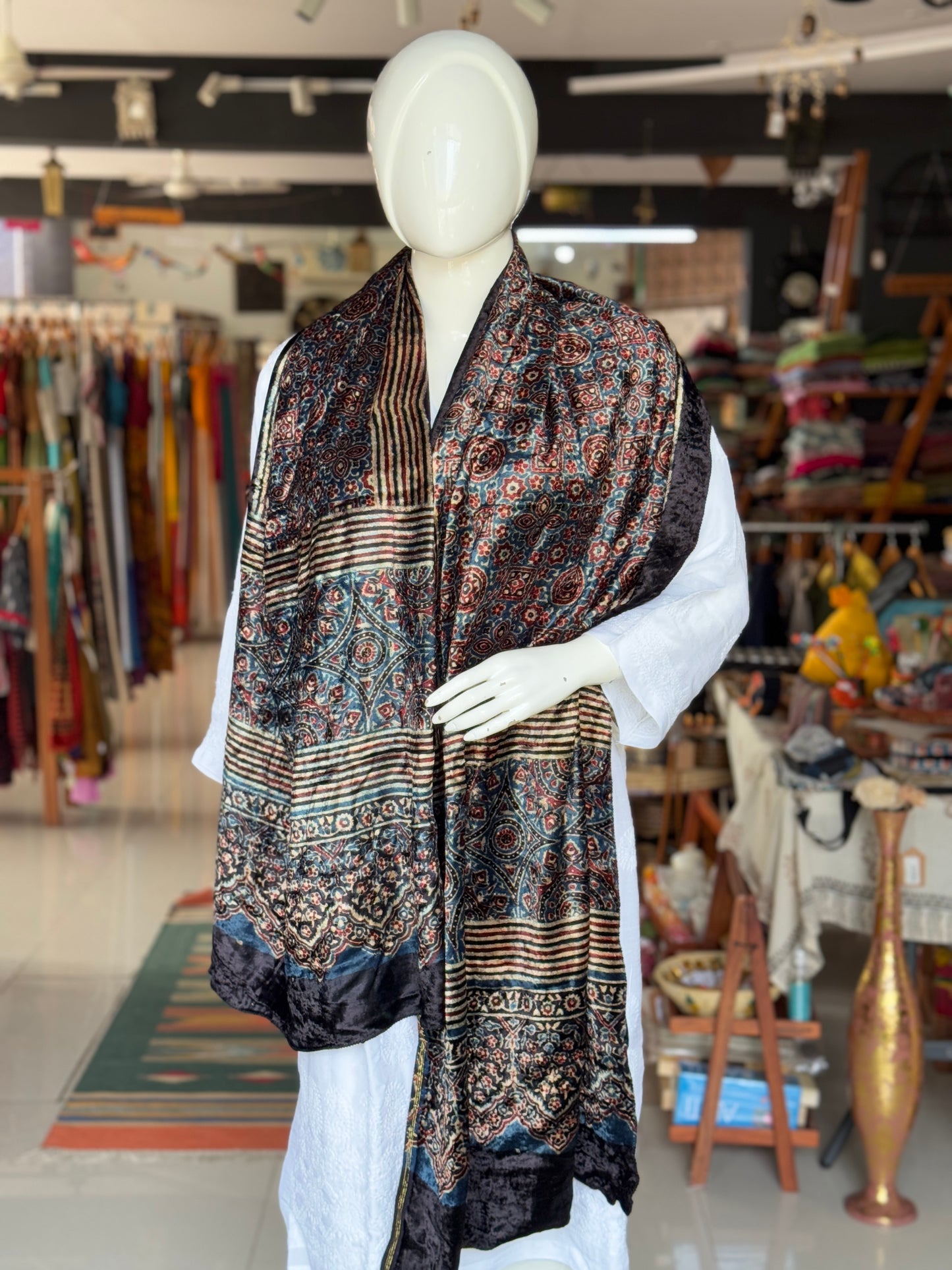 Luxurious Ajrakh hand block printed velvet stole