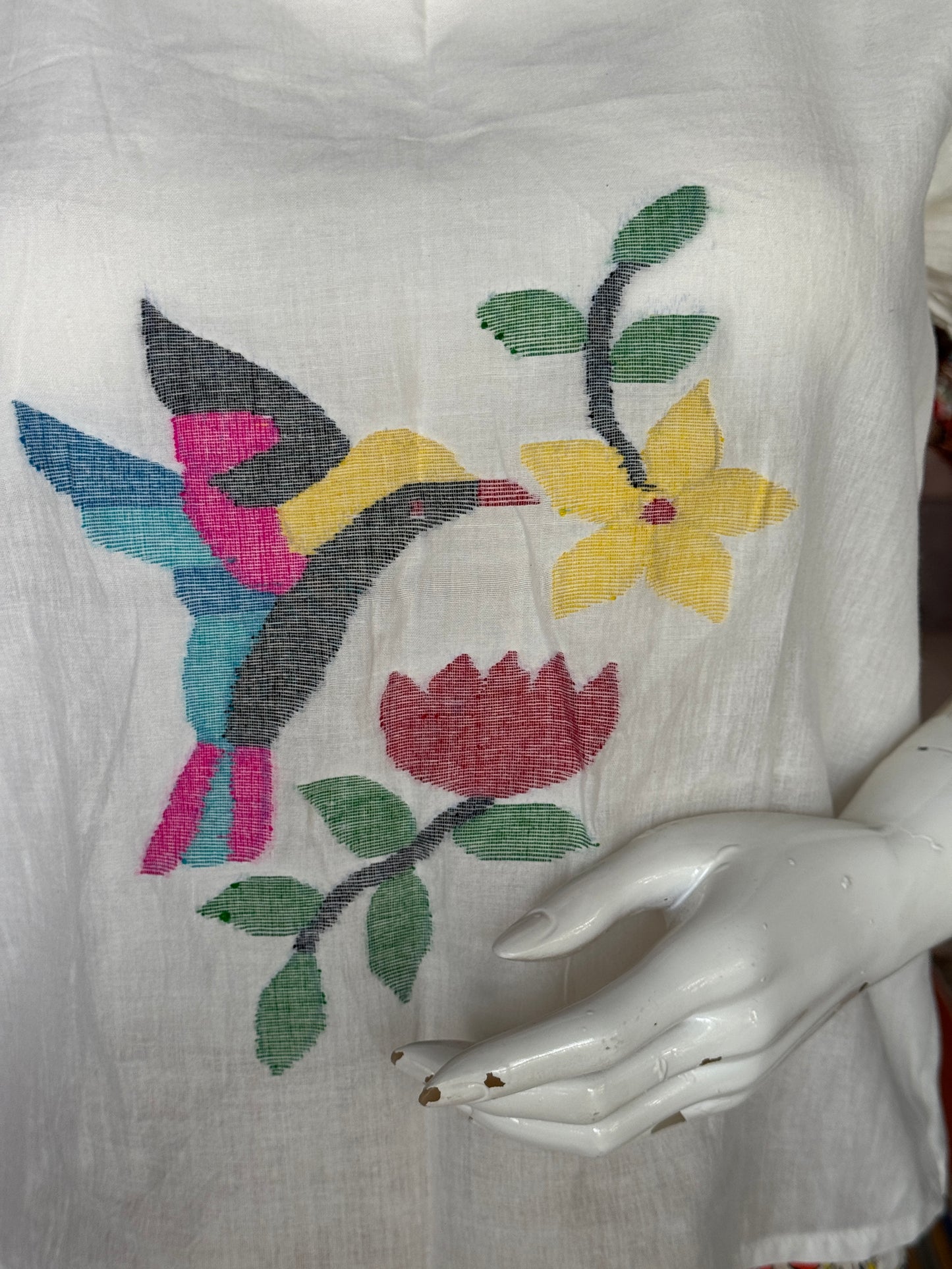 White Jamdani cotton handloom top with bird and flower motif on the front and back with elastic detailing