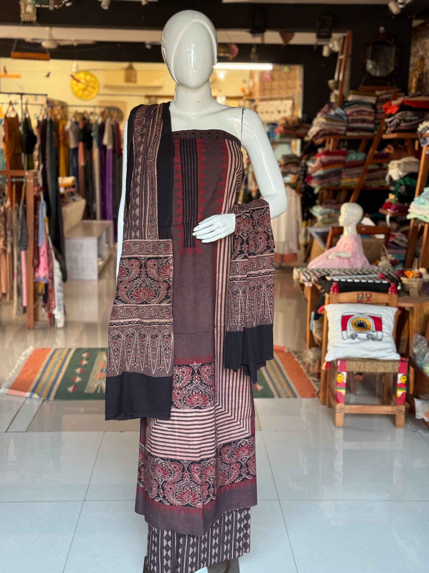 Ajrakh natural dyed, hand block printed cotton 3 piece unstitched suit set