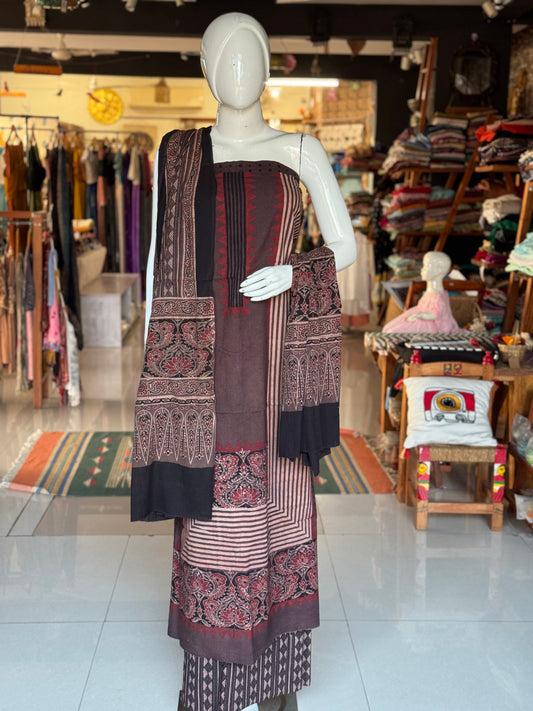 Ajrakh natural dyed, hand block printed cotton 3 piece unstitched suit set