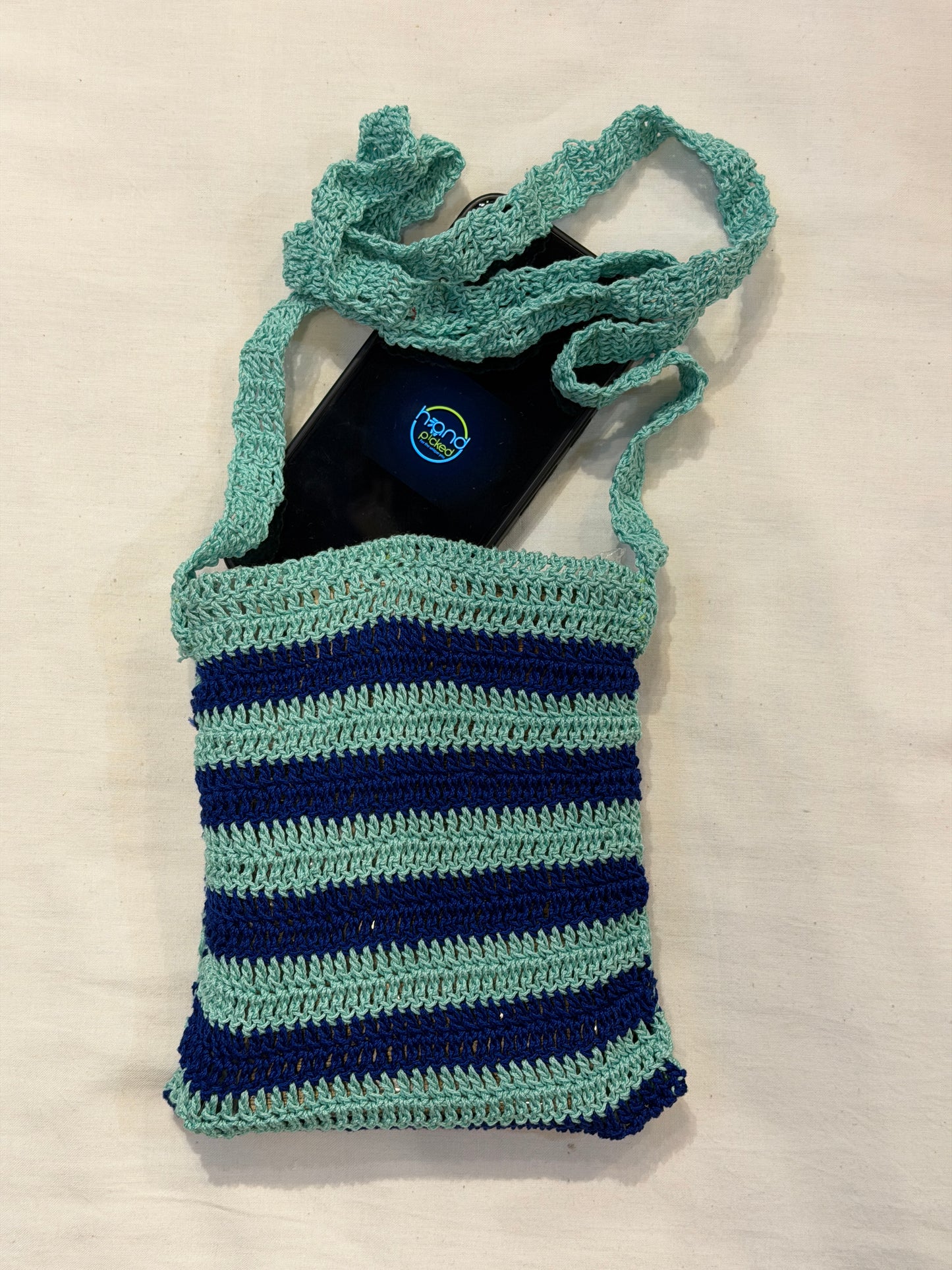 Sling bag for mobile phones - handcrafted crochet bag with click button closure - color options available
