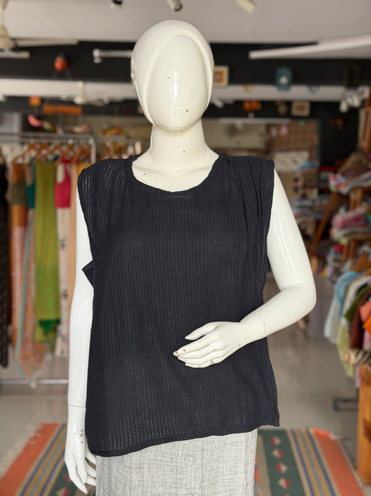 Black cotton top with asymmetric shoulder pleats - hand spun, hand woven fabric with missing thread stripes weave