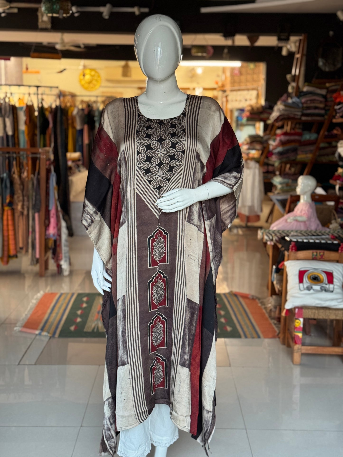 Beige n maroon stripes modal hand block printed, natural dyed Ajrakh kaftan