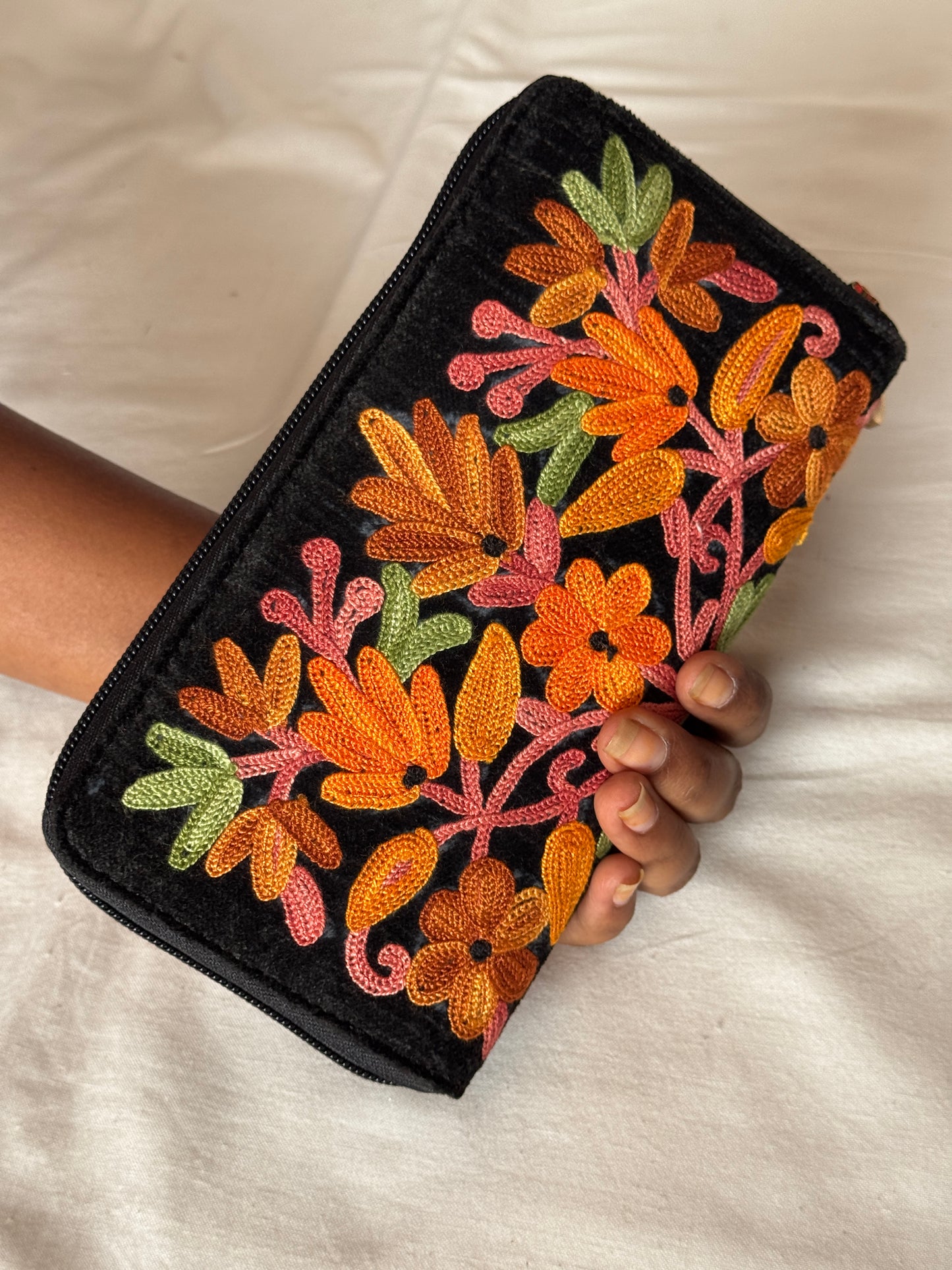 Clutch with attached flap pouch for phone - Kashmiri floral Aari embroidery - color options available