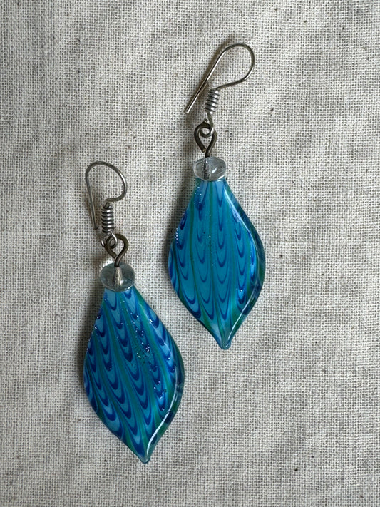 Blue peacock feather look - Glass handcrafted ear rings / hooks