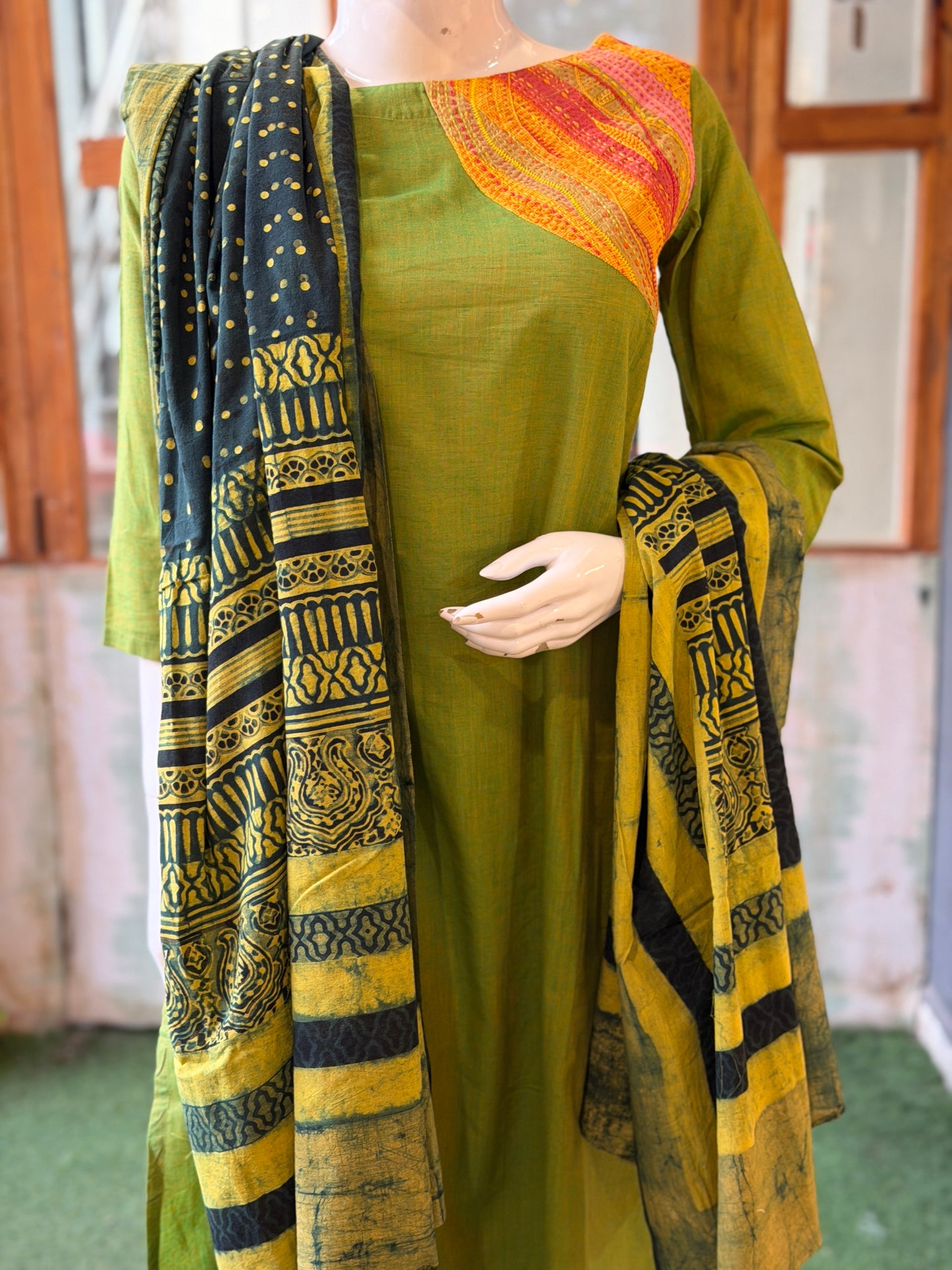 Green and yellow Ajrakh hand block printed cotton dupatta
