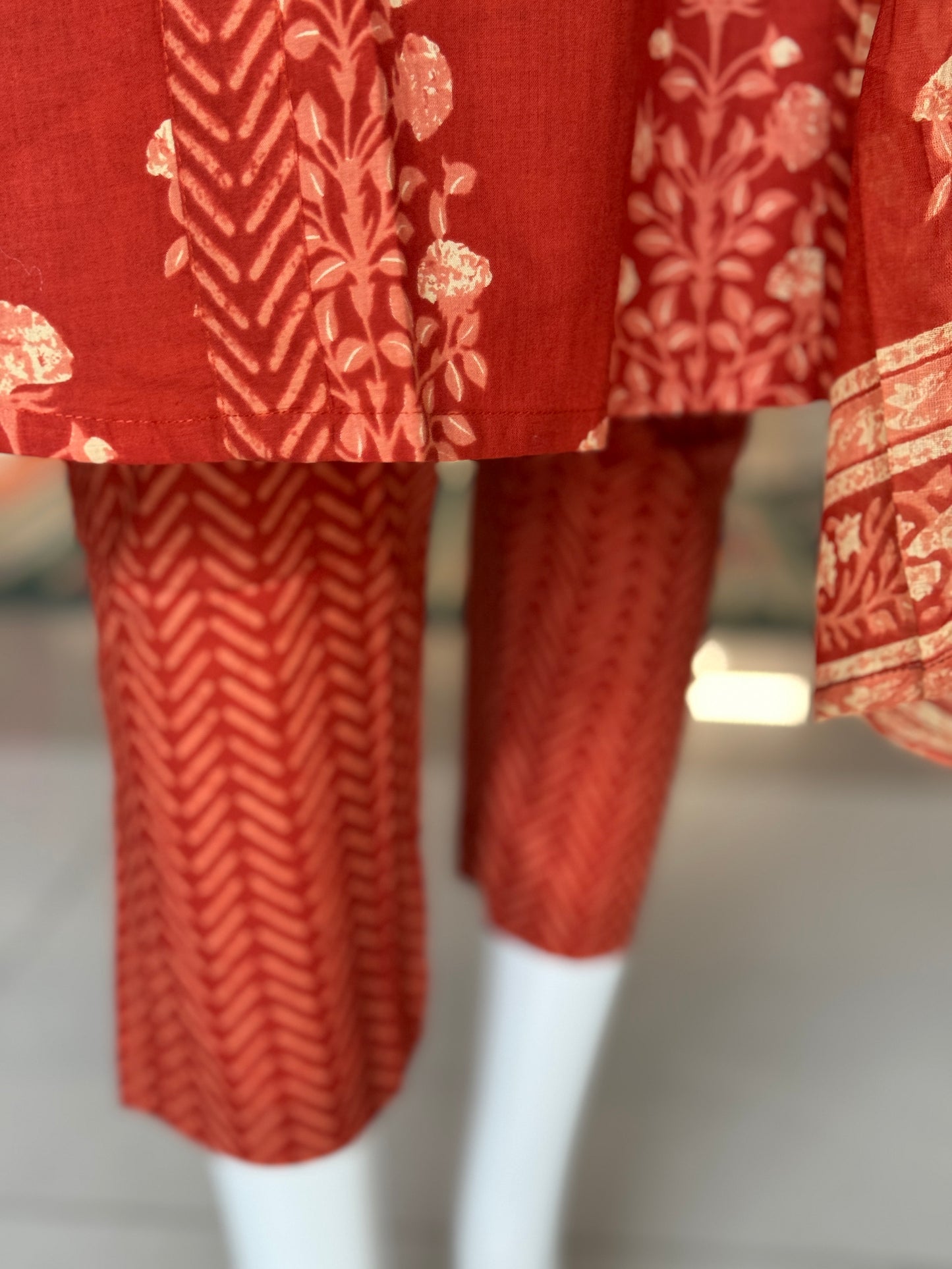 Rust orange cotton a-line kurti, pants and dupatta set - with hand embroidery and hand block print