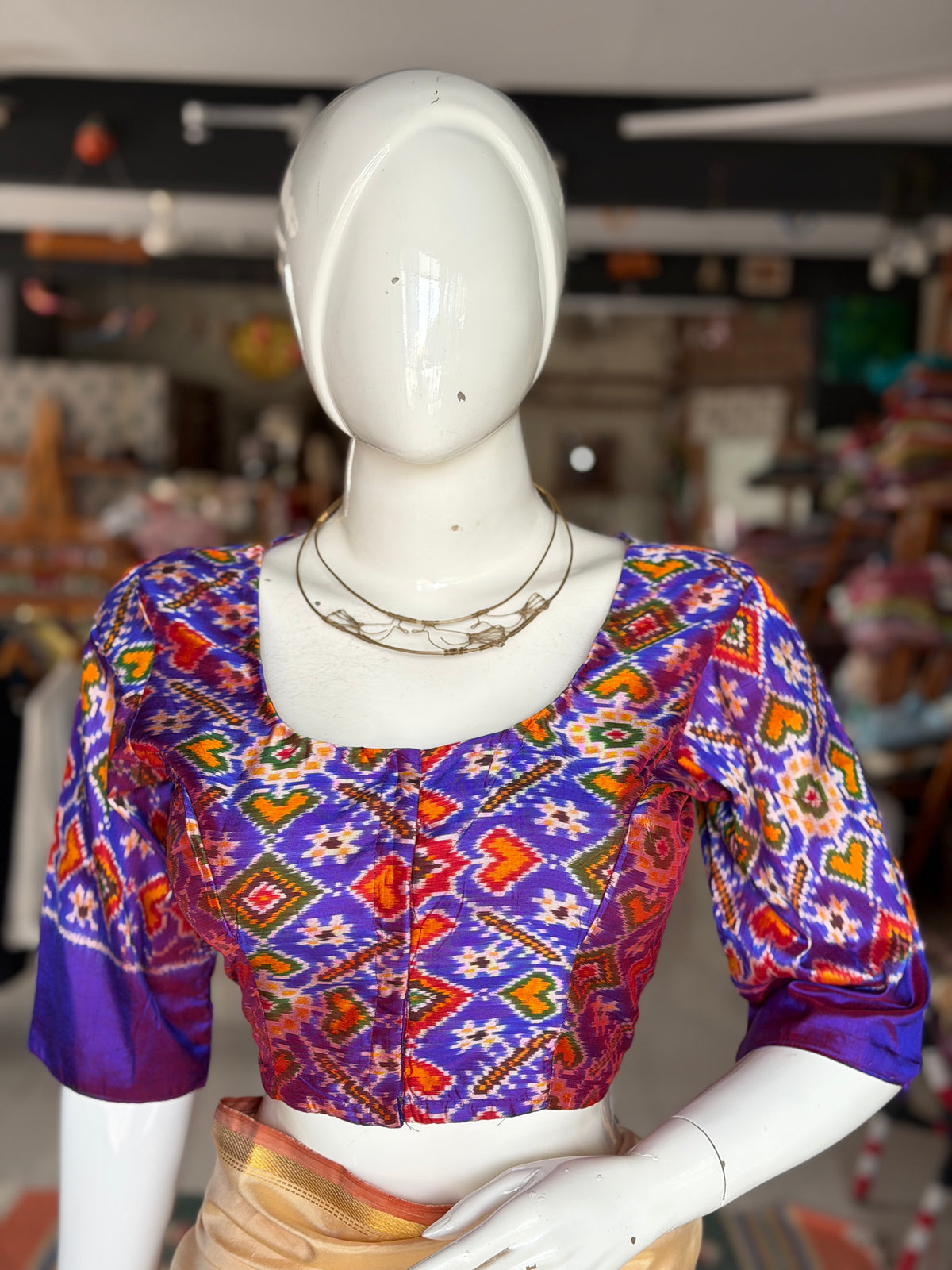Violet silk Ikat handloom elbow sleeves princess cut front open blouse