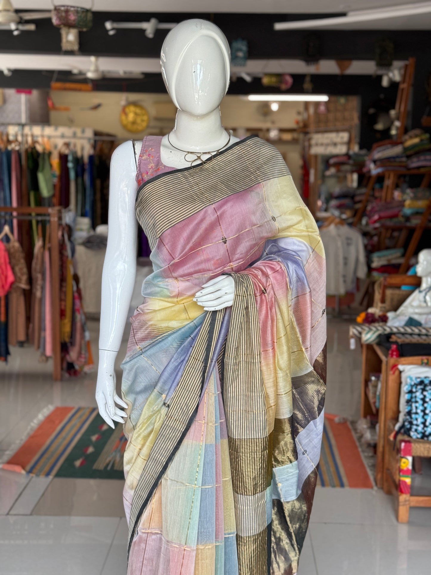 Multi color star buti stripes silk cotton Maheshwari handloom saree