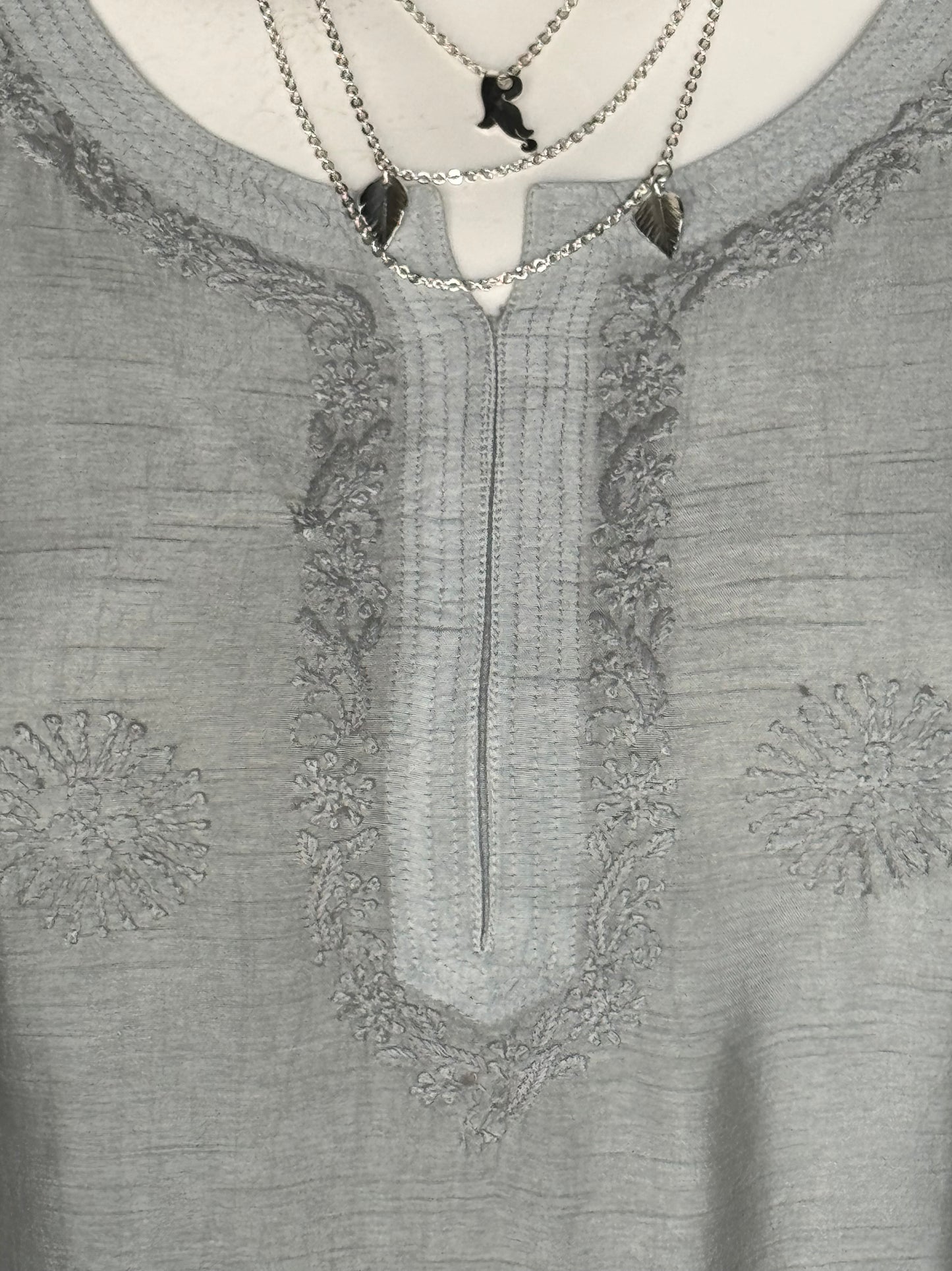 Grey chikankari hand embroidered straight cuts raw silk kurti