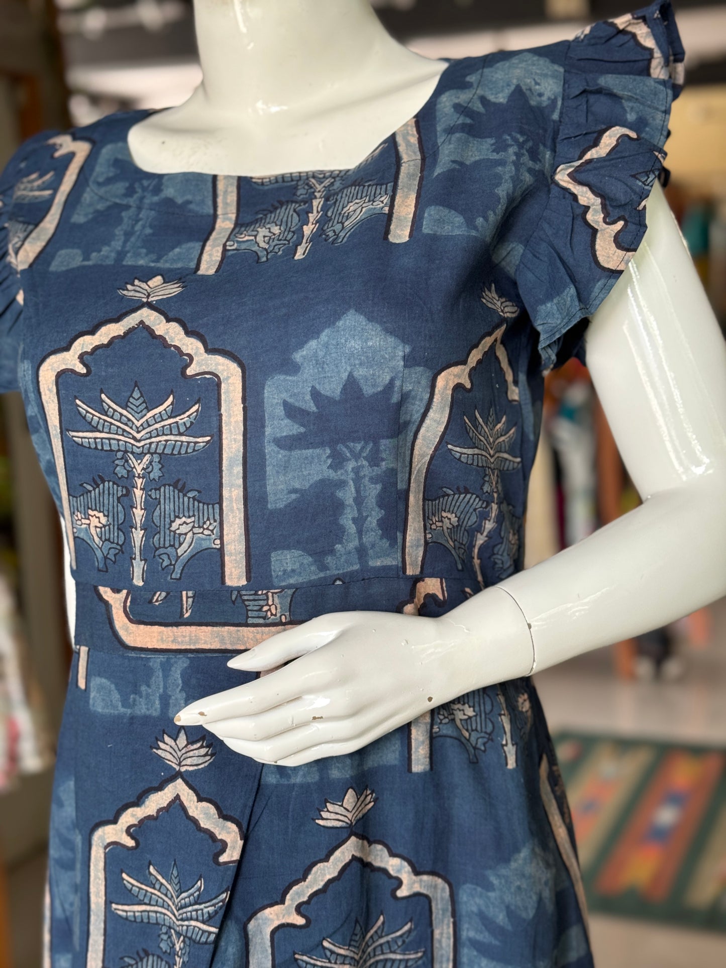 Ajrakh indigo dress - cotton, natural dyed, hand block printed with cross pleat skirt