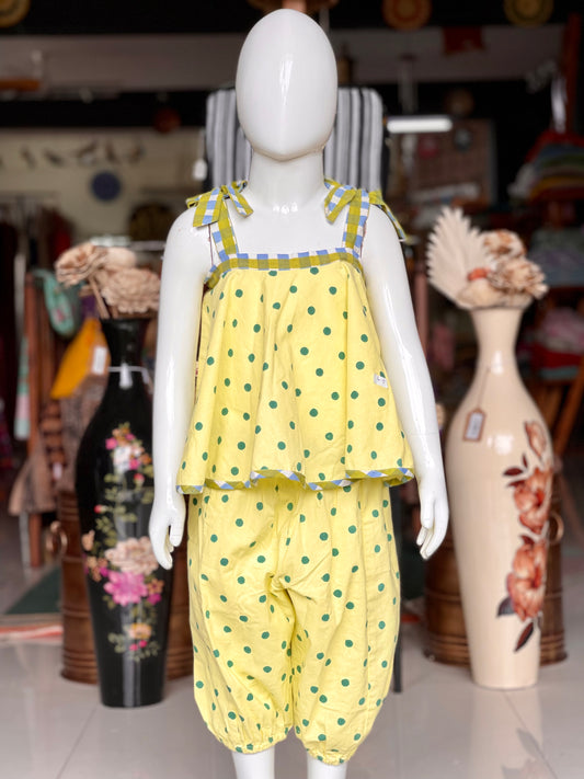 Yellow handblock printed handloom cotton tie up top with harem pants for girls