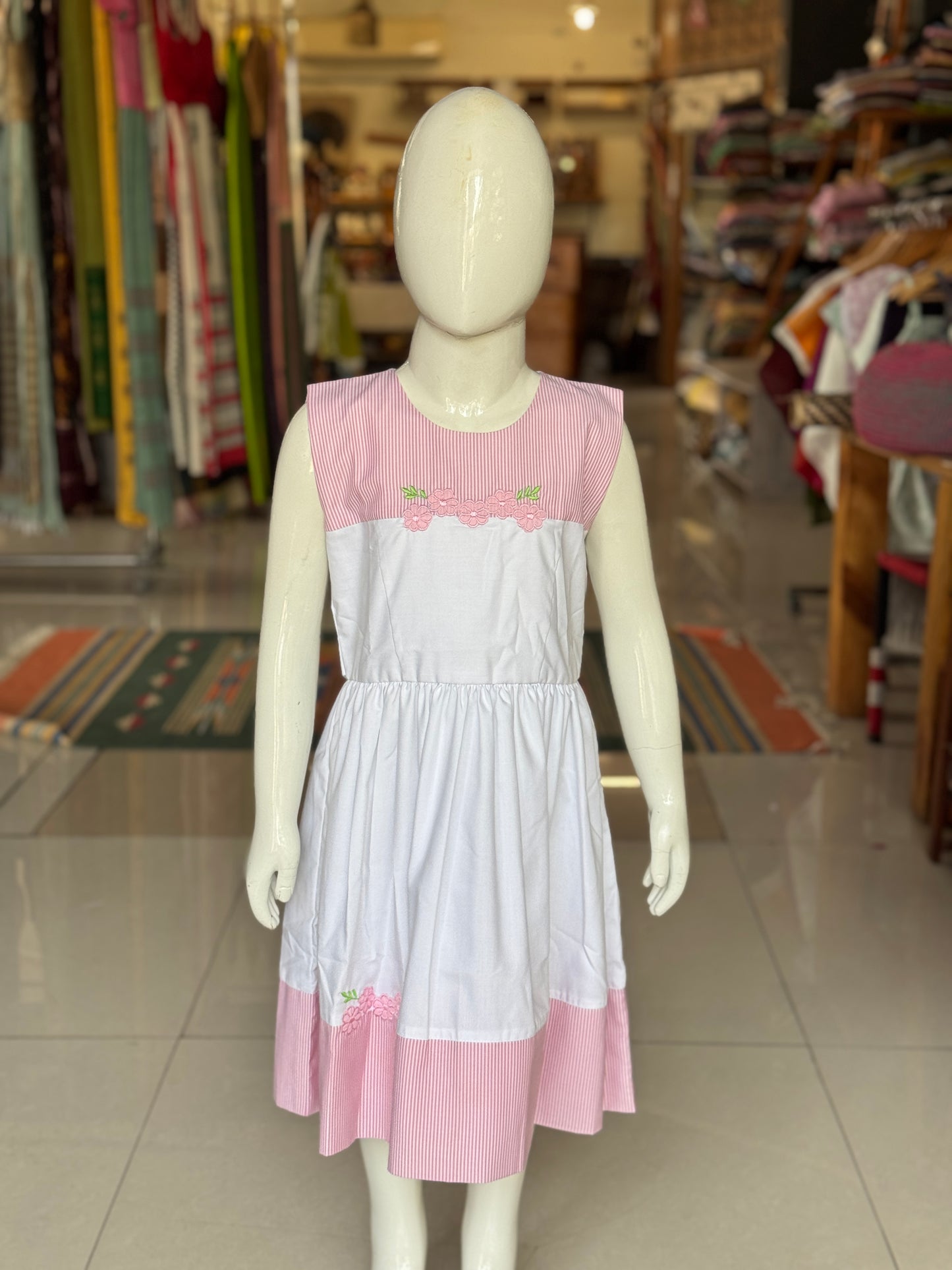 White and pink stripes n flowers embroidered cotton sleeveless frock