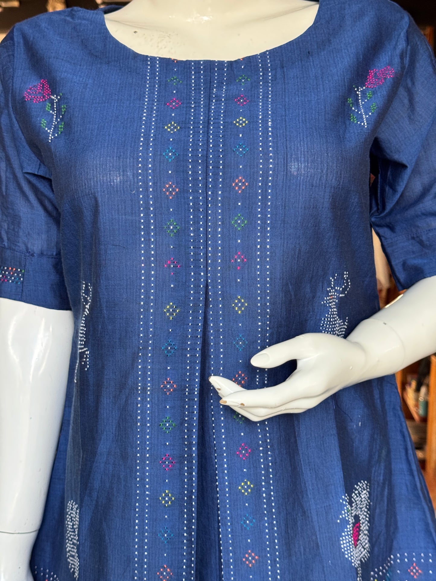 Blue Tangaliya handloom cotton top with rose n deer motifs
