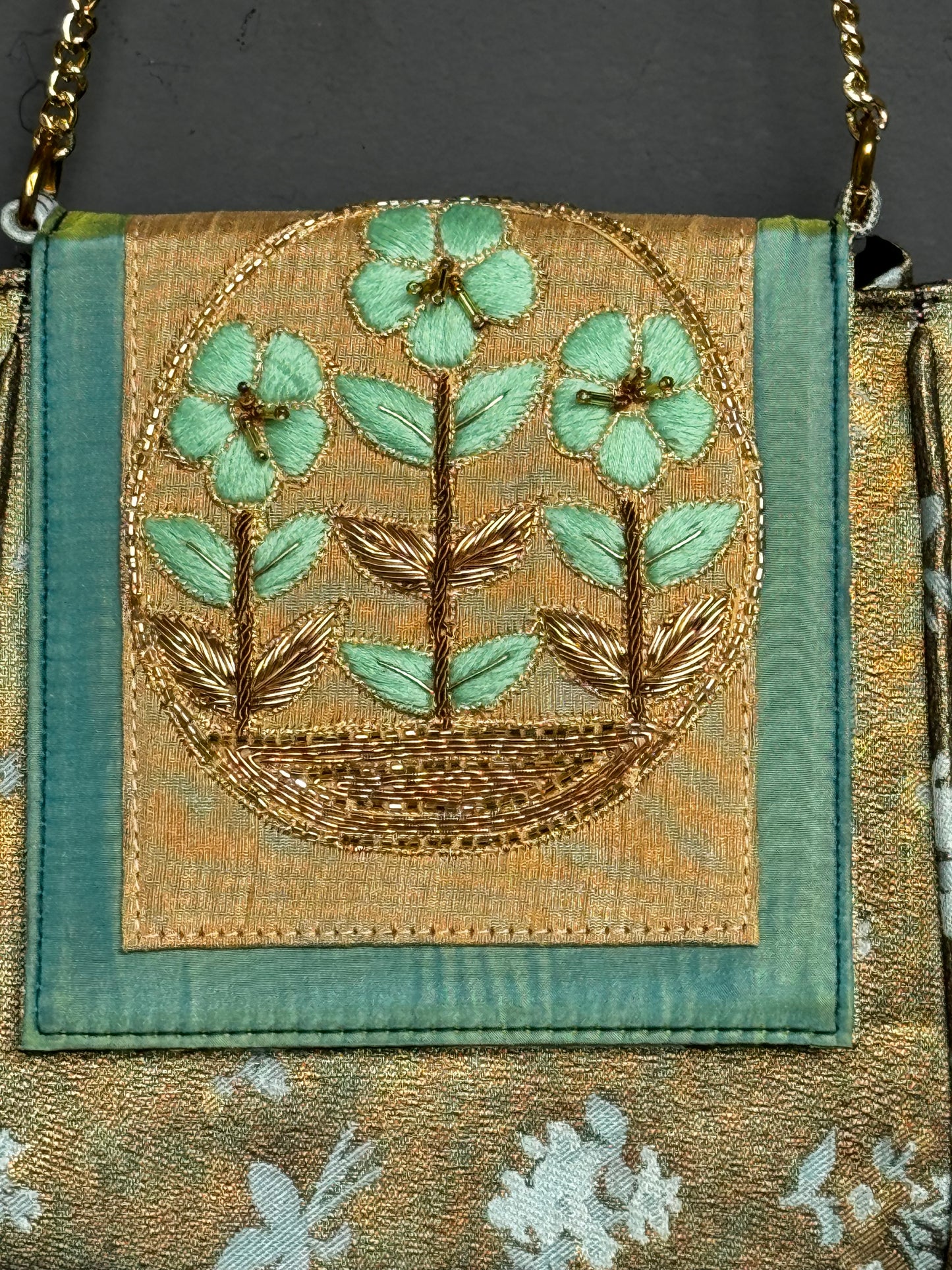 Silk embroidered party bag with chain