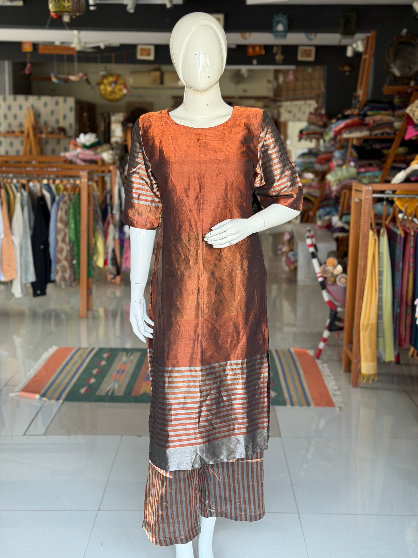 Brown Maheshwari tissue cotton handwoven straight kurti with silver stripes at hem