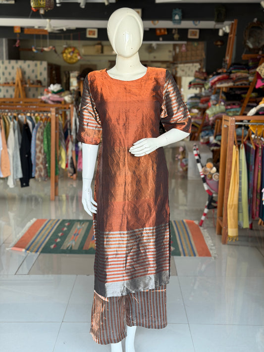 Brown Maheshwari tissue cotton handwoven straight kurti with silver stripes at hem