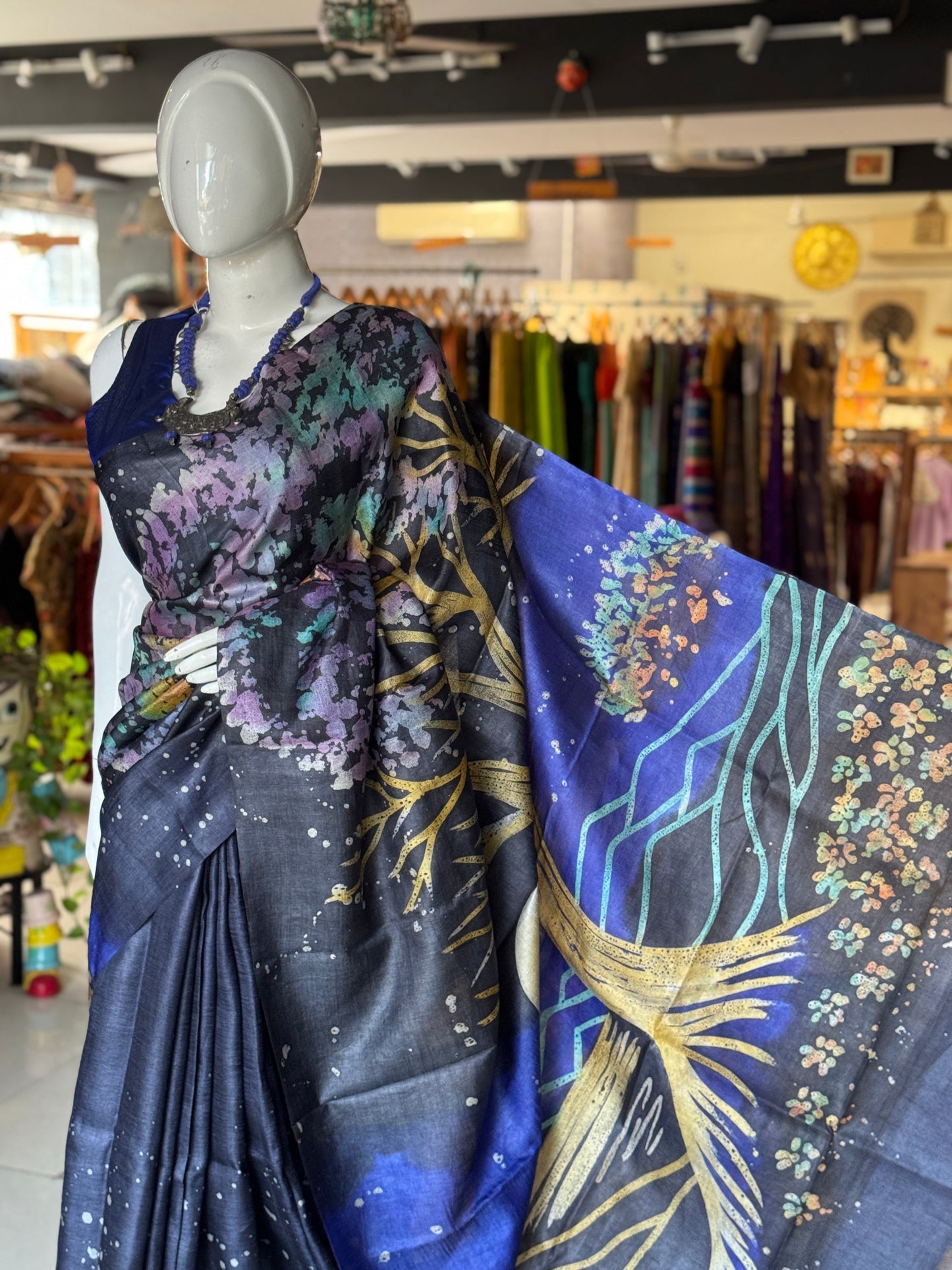Navy Blue and Royal blue hand painted pure tussar silk saree - big tree on the palla