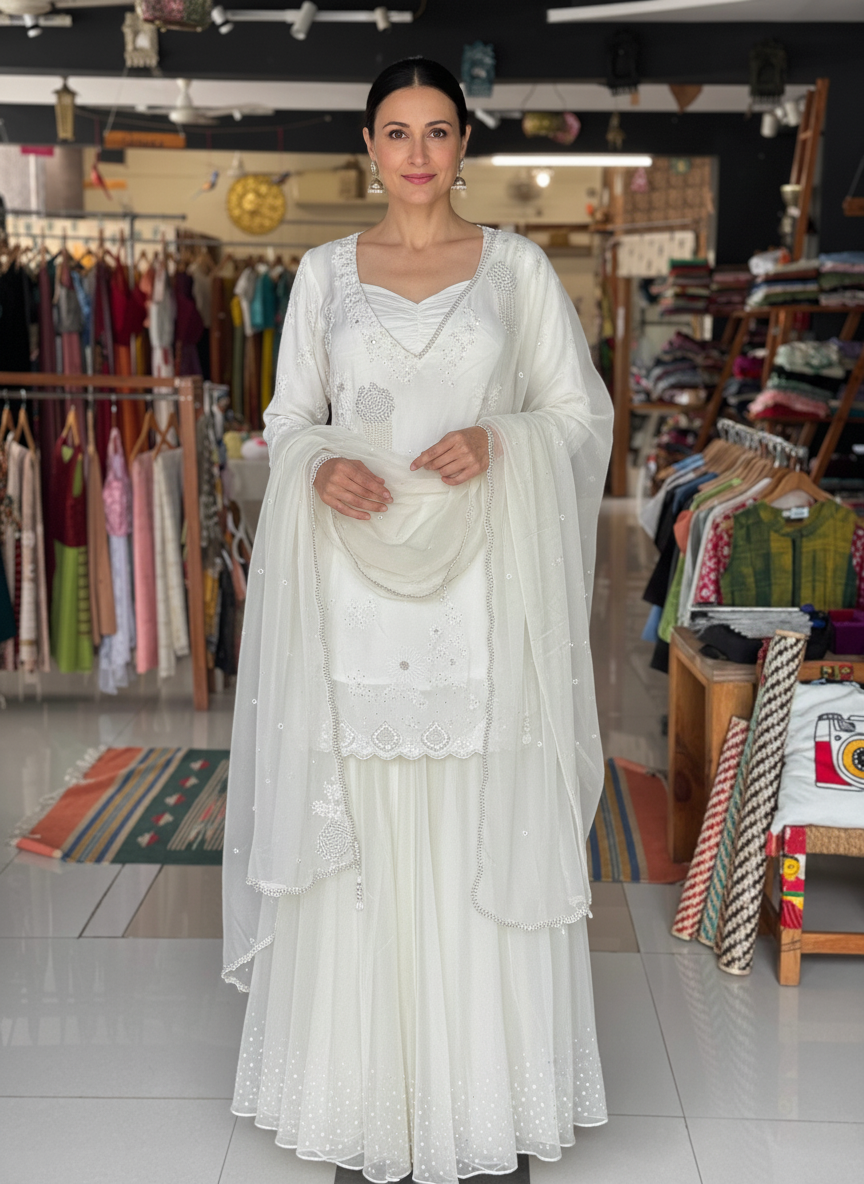 Off white splendor - Soft organza hand embroidered long sleeves kurti, skirt, dupatta and crepe bustier - 4 piece set