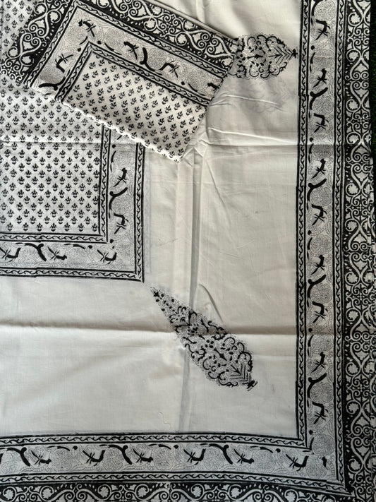 Black small buti print (brass hand block prints) on white base pure fine cotton super king size bedsheet