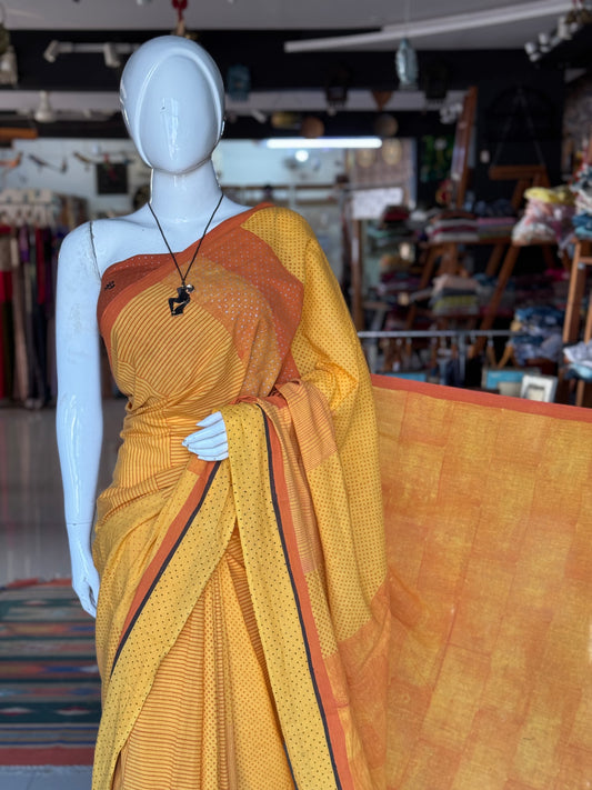 Yellow orange polka dots and stripes cotton hand spun, hand woven, hand block printed saree