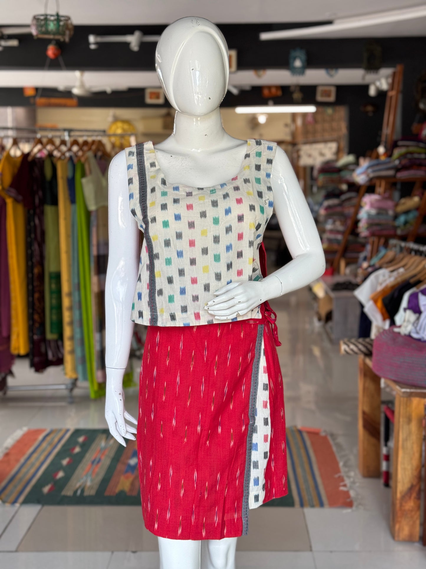 Short wrap skirt n crop top - 4 way handcrafted cotton coord set - free sized side ties crop top and wrap around skirt