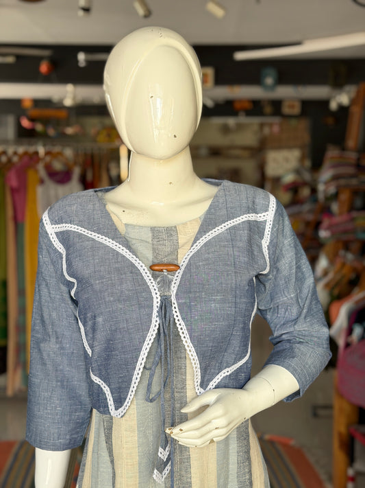 Indigo Blue handwoven cotton tie front butterfly design short shrug / jacket