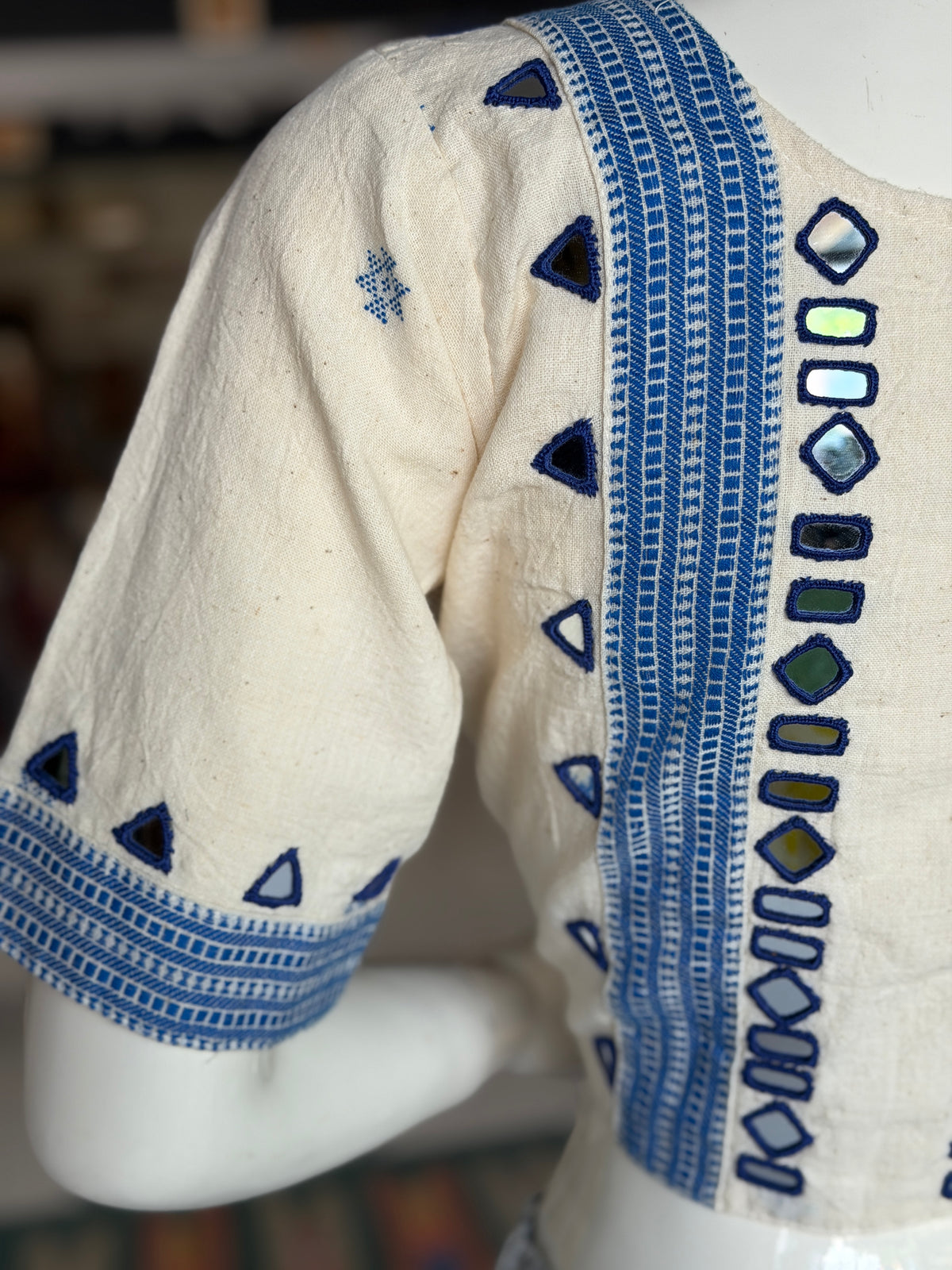 Off white Bhujodi kala cotton handloom blouse with mirror work on sleeves and back