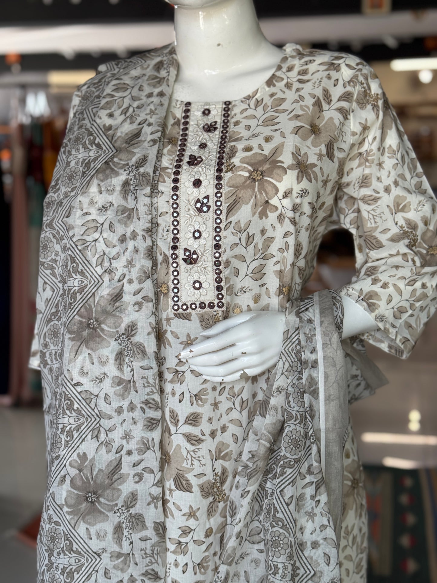 Brown floral on off white base - plus size cotton embroidered straight kurti, pants and dupatta - 3 piece suit set - multiple sizes available