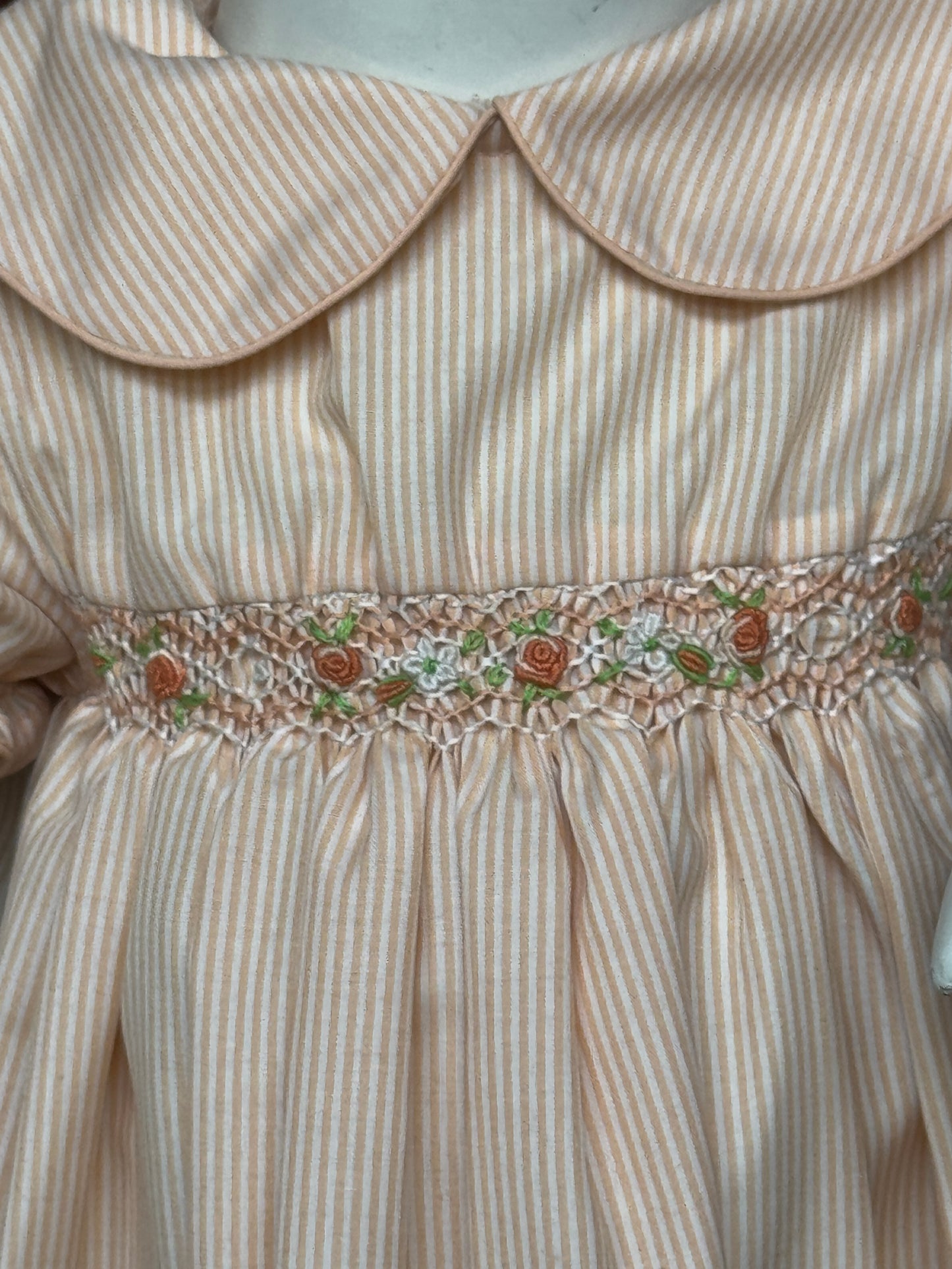 Peach stripes smocking cotton frock with hand embroidery