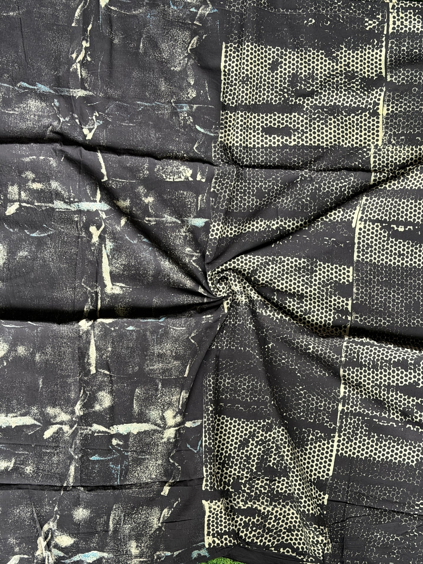 Black half n half design cotton fabric with Ajrakh hand block prints