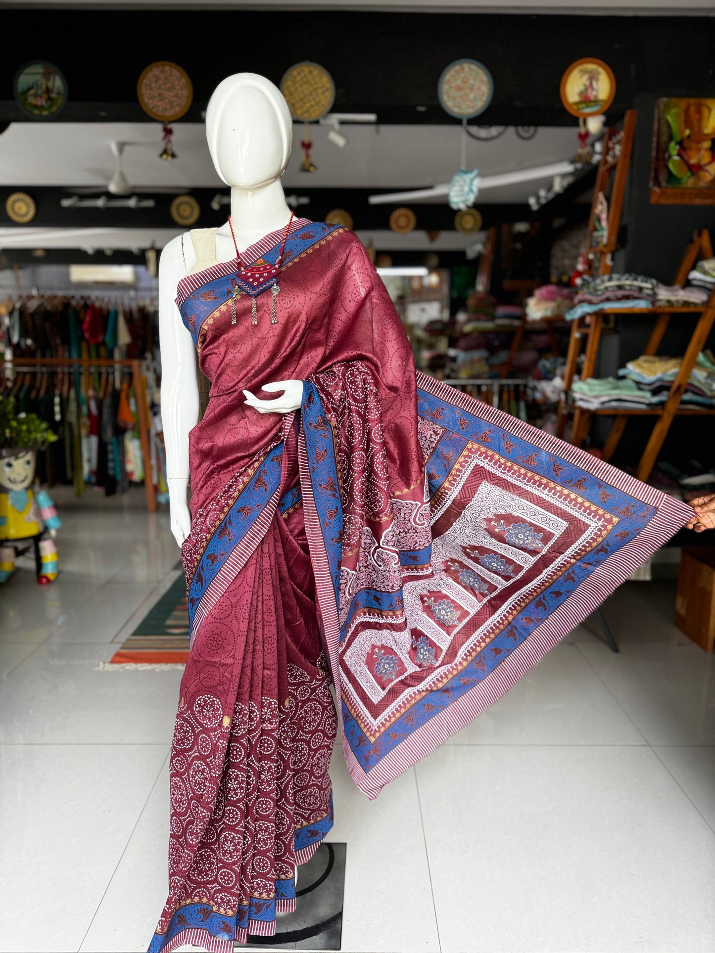 Wine shade hand block print silk cotton saree