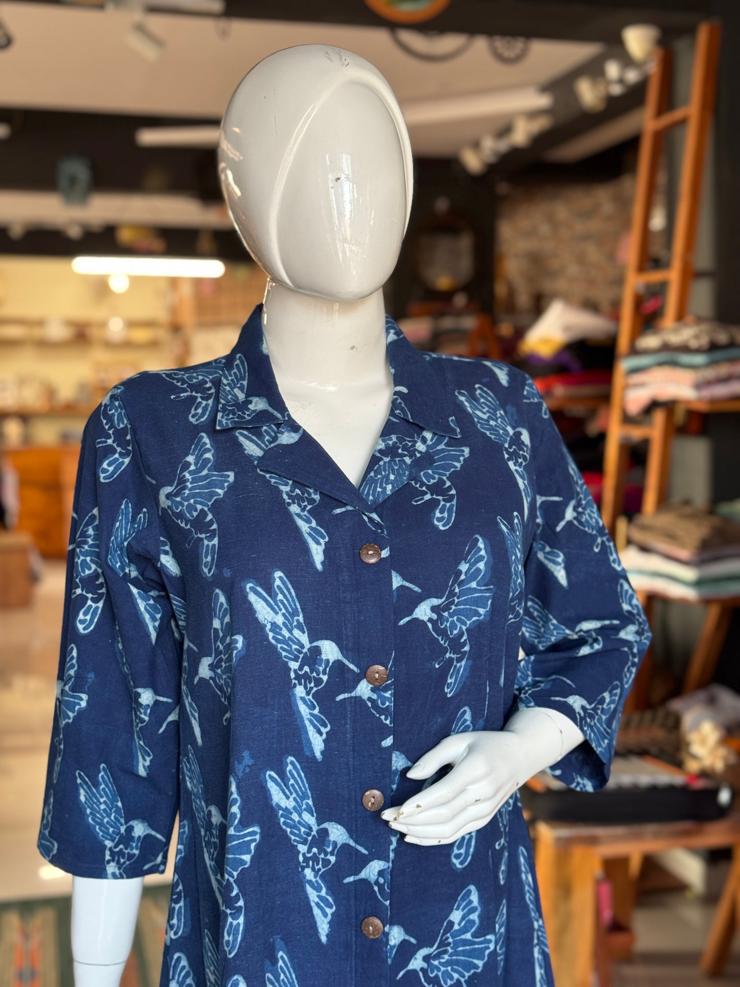 Indigo hand block printed collared dress -  Freedom fabric kurti - Hand spun, hand woven, hand block printed cotton