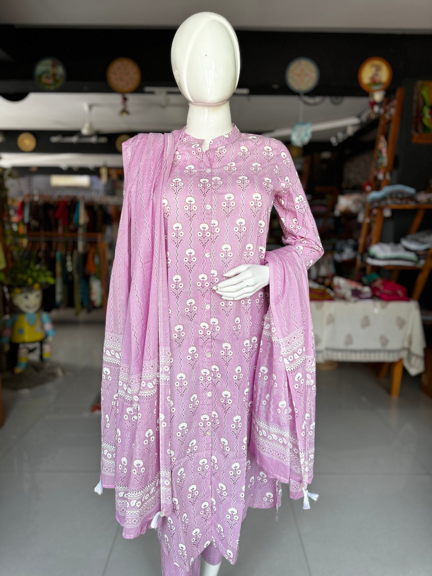 Light pink floral print cotton band collared Kurti, pants and dupatta set