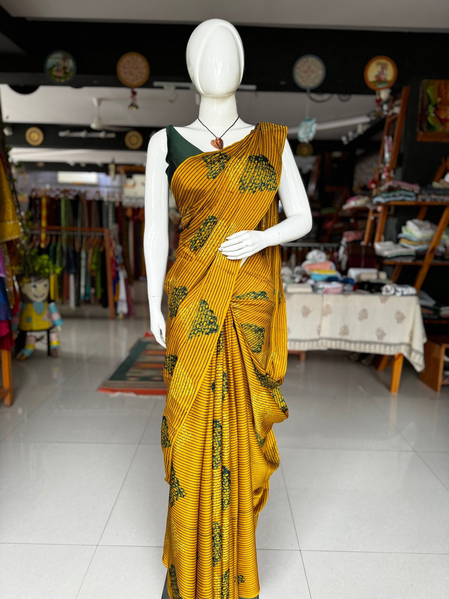 Mustard yellow soft and flowy modal yardage saree with Ajrakh block prints