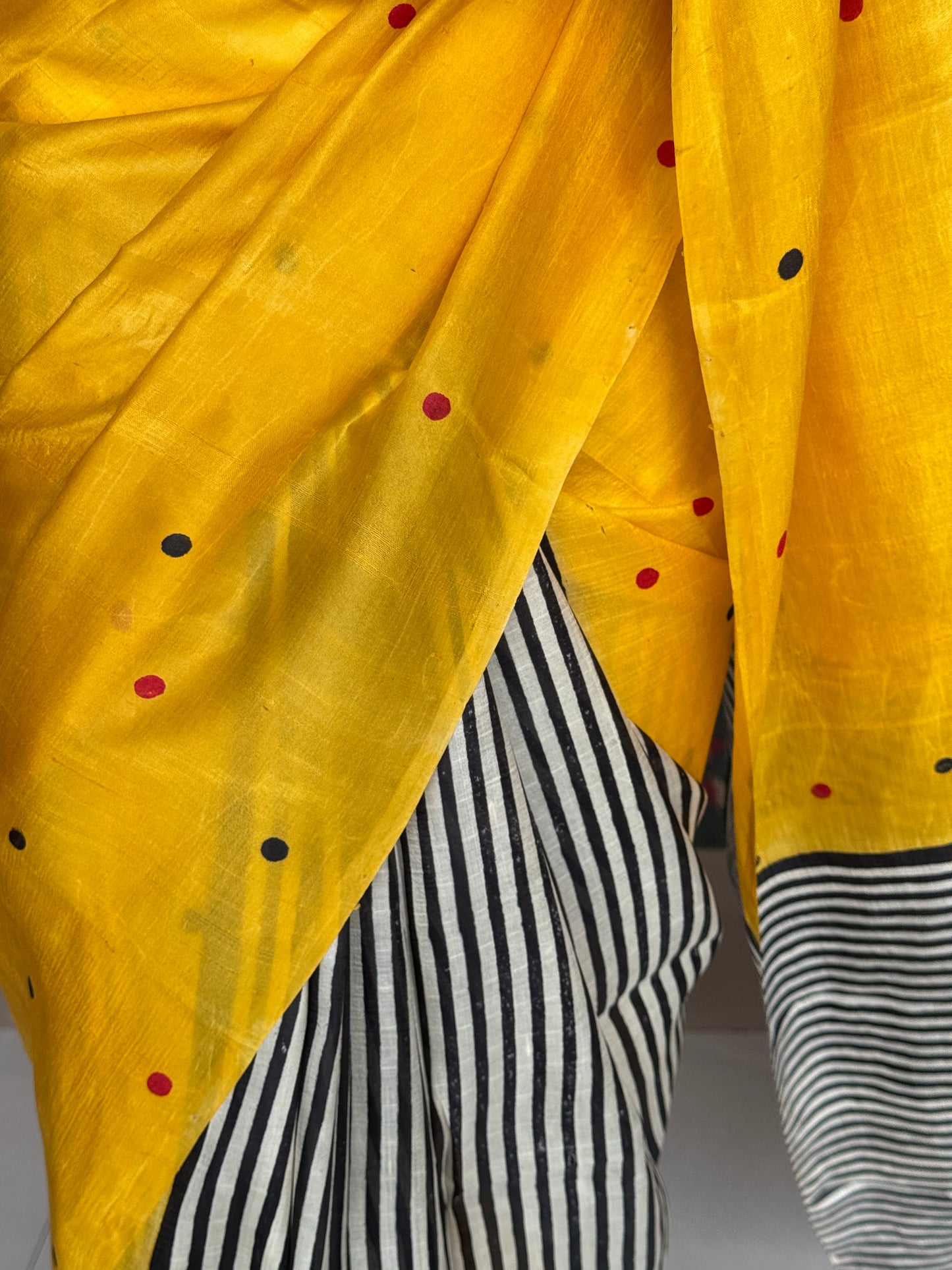 Yellow dots, black n white stripes hand crafted pure tussar silk saree - patli Pallu style