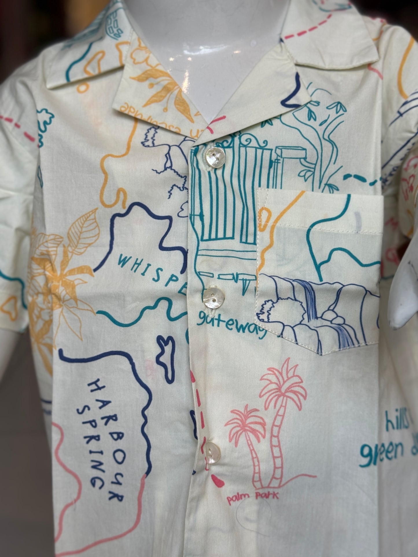 Trees n rivers prints on off-white short sleeved shirt for boys