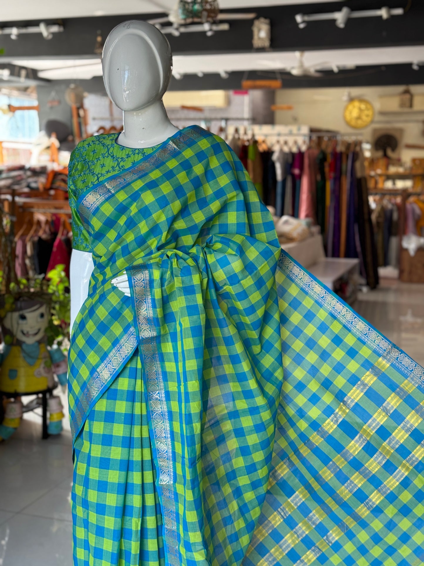 Blue green checks Chettinad cotton handloom saree