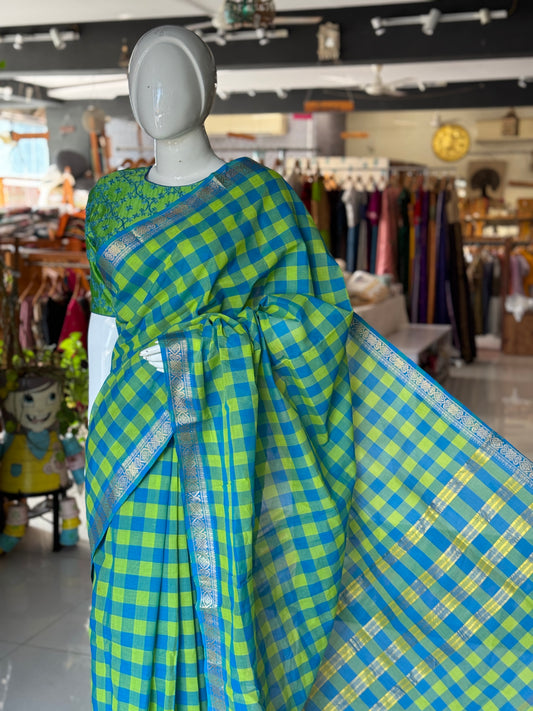 Blue green checks Chettinad cotton handloom saree