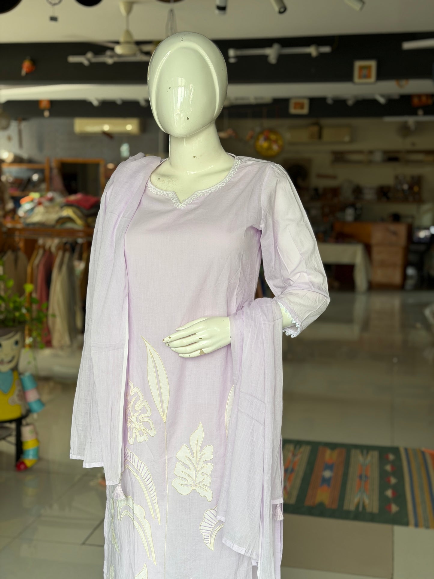 Lilac embroidered straight kurti, pants and dupatta - 3 piece set