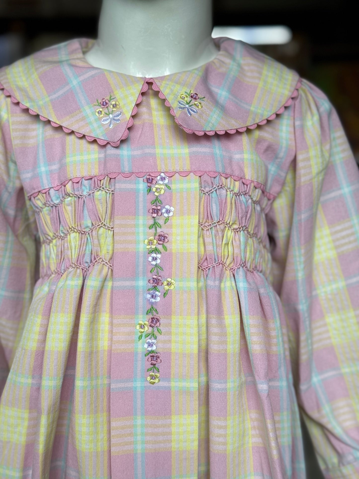 Pink and yellow checks smocking frock with embroidered collar and long sleeves