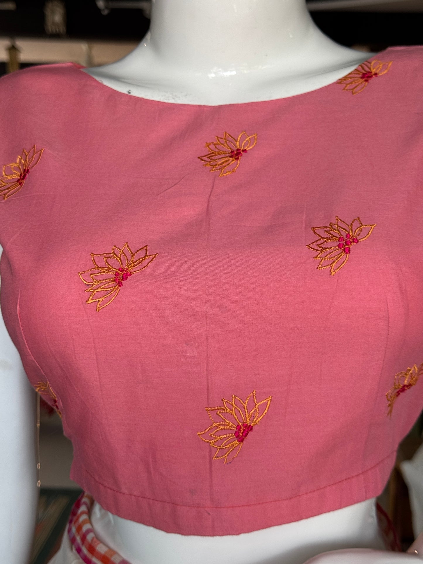Pink cotton sleeveless blouse with floral machine embroidery - front boat neck, back v-neck
