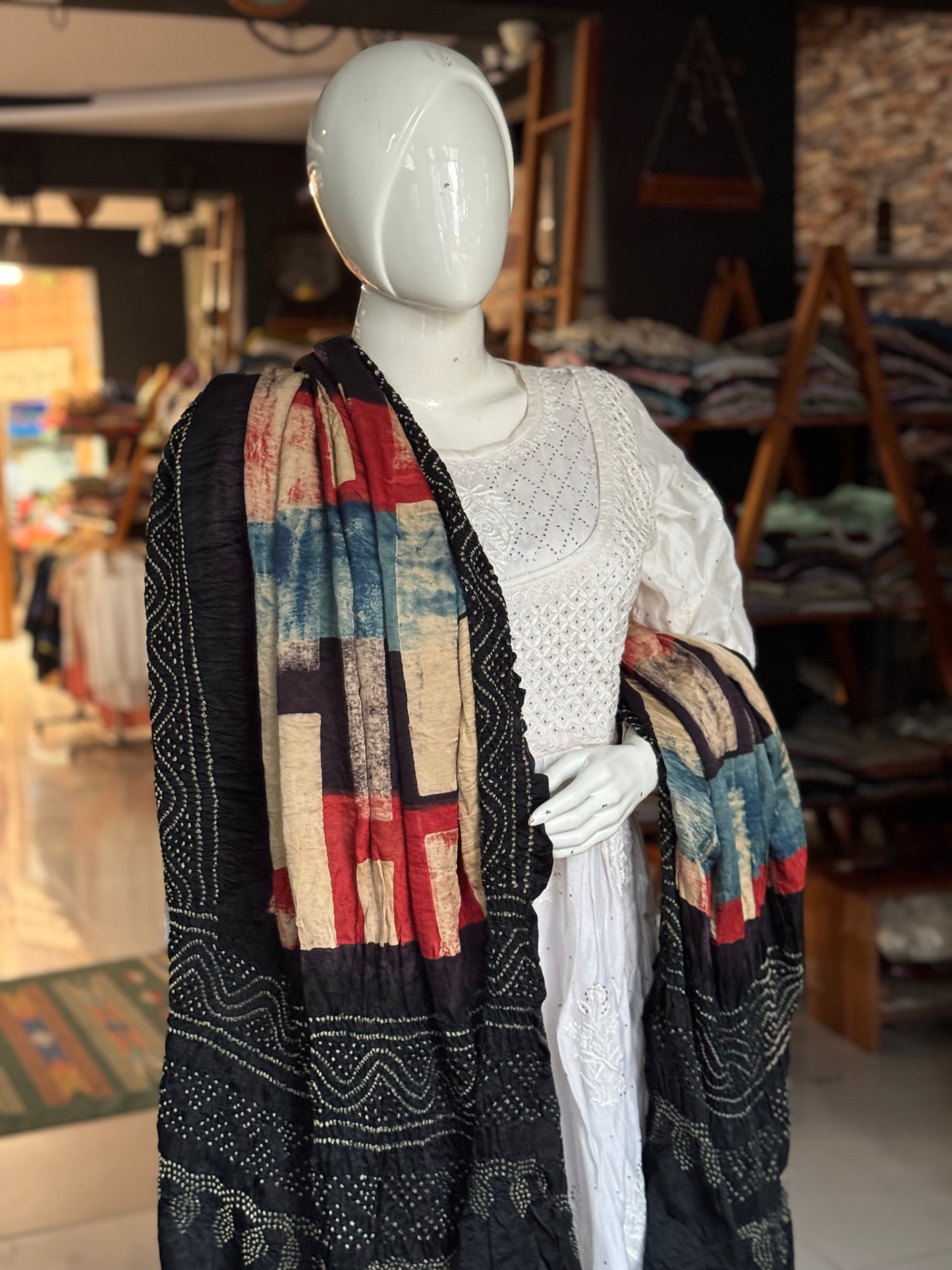 Ajrakh bandini tie dye gajji silk dupatta - fine Bandhej with hand block Ajrakh