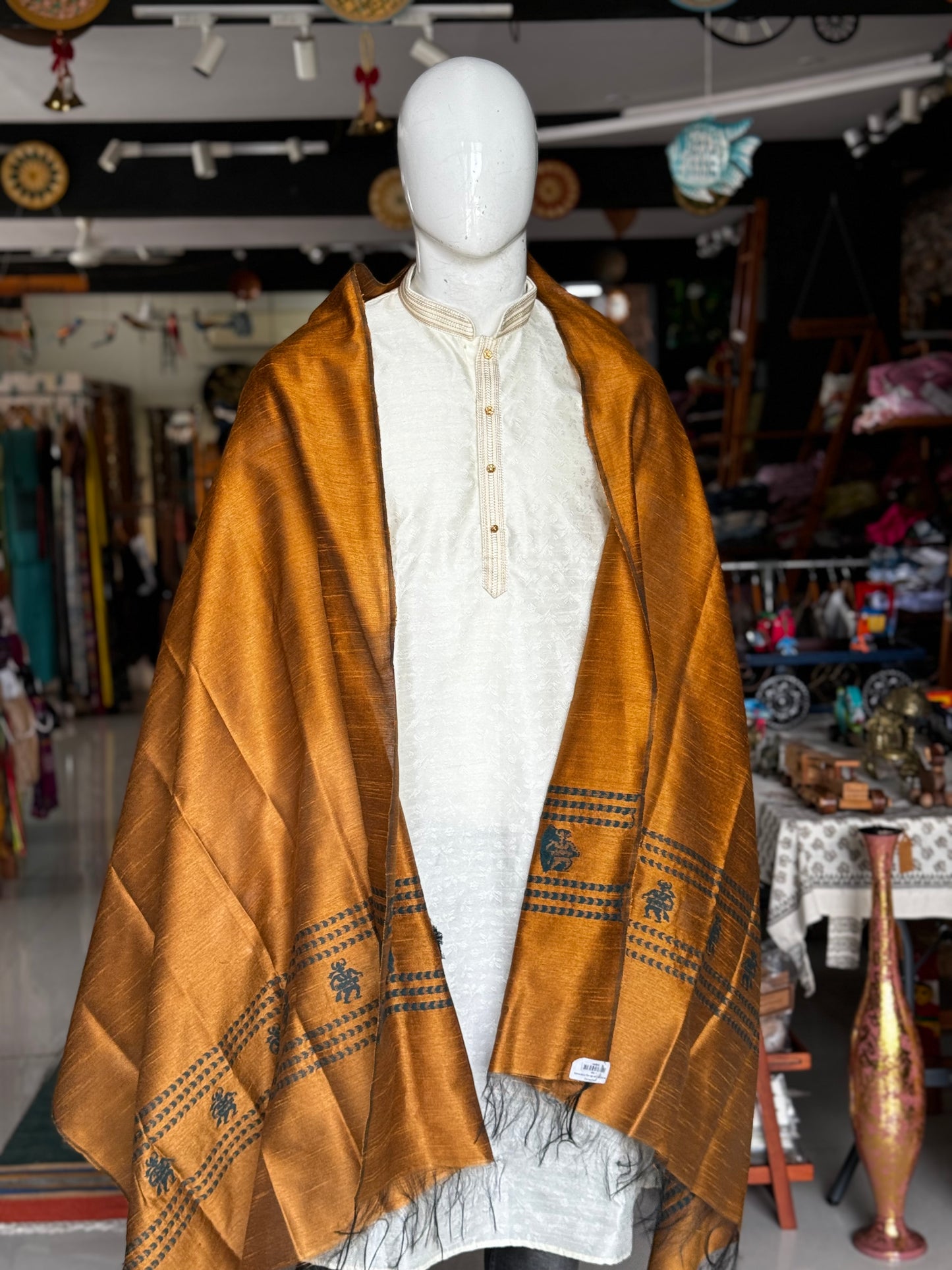 Brown hand woven raw silk dupatta with tribal motifs