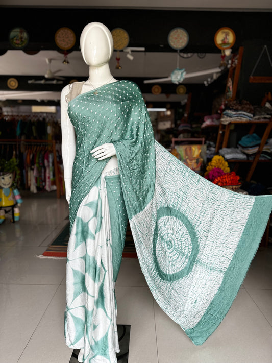 Mix of 3 beautiful crafts - bandini, shibori, clamp dyed soft modal saree in shades of sea green