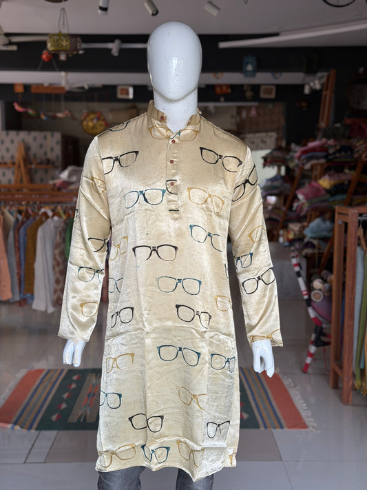 Beige spectacles chashma hand block printed Ajrakh mashru long kurta for men